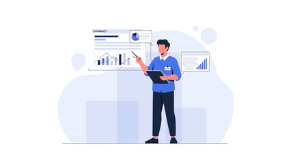 Business man presenting financial report with charts and graphs on whiteboard