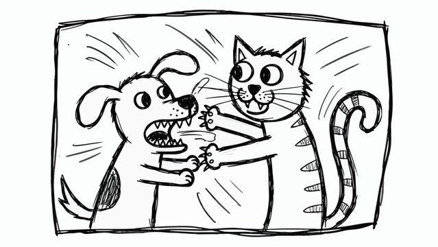 A cartoon illustration of a dog and cat fighting, depicted in a black and white comic book style with bold lines and dynamic motion, set against a clean white background with a playful