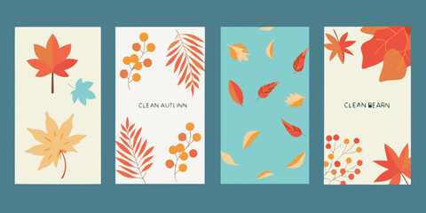 Obraz premium Four vertical banners displaying colorful autumn leaves and botanical designs