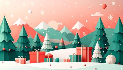 A serene winter landscape featuring snow-covered trees, mountains, and festive gifts in a snowy forest scene from a distant viewpoint
