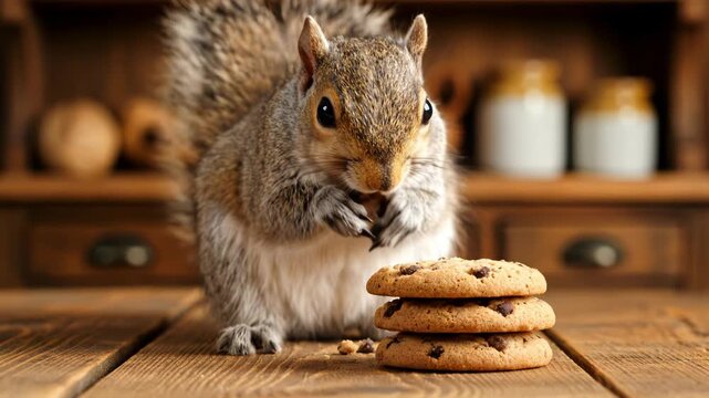 A curious squirrel sits on a wooden surface, holding a nut in its paws, with a stack of chocolate chip cookies nearby.