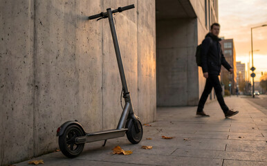Modern Electric Scooter Parked on Urban Sidewalk at Sunset for Last Mile Commute Concept