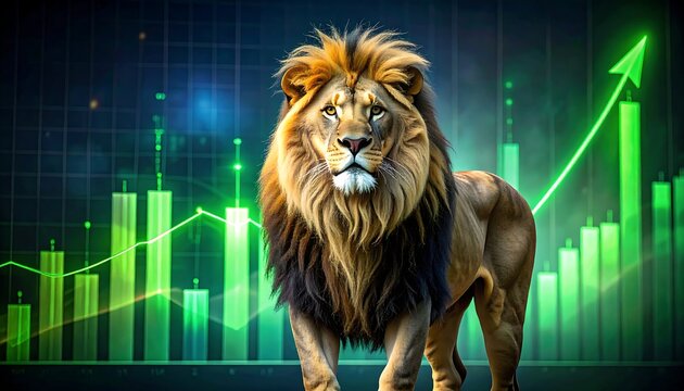 A lion stands in front of green graphs and charts