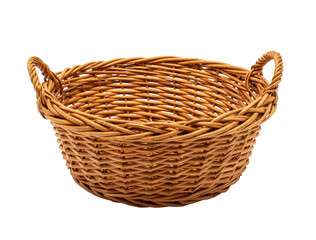 Obraz premium Light-colored wicker basket with dual handles on black backdrop, symbolizing rustic craftsmanship, simplicity, and sustainable living