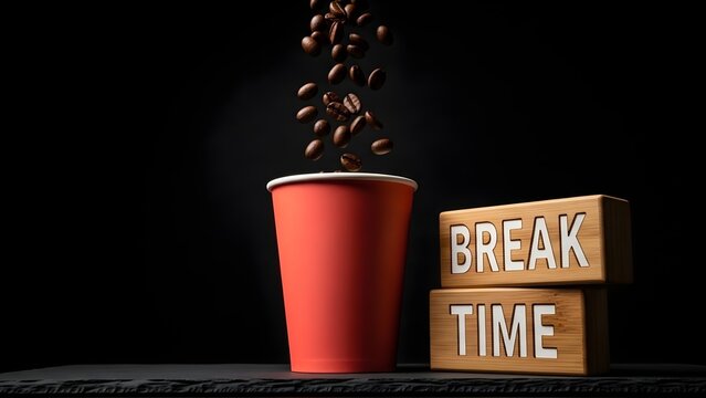 Refreshing pause for productivity Coffee beans gracefully fall into a vibrant red cup, marking a valuable 'Break Time' opportunity to recharge and refocus
