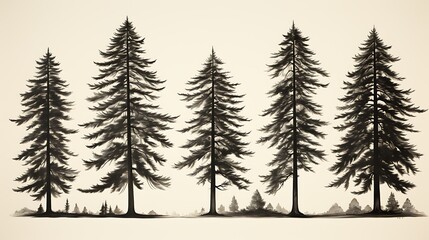 Obraz premium A serene forest scene with tall, dark trees standing in a row on a hillside
