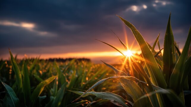 Close up, Field of corn under a dramatic sunset sky.