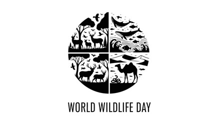 Black silhouette illustration of various wild animals in a circular composition celebrating World Wildlife Day with a simple, bold design on a white background.