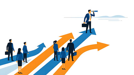 Fototapeta premium A business leader with a telescope on an upward arrow, guiding a team of professionals on diverging and converging paths, symbolizing vision and strategic direction.