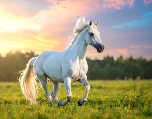 Obraz premium Majestic White Horse Galloping Gracefully Across a Lush Green Meadow at Sunset.