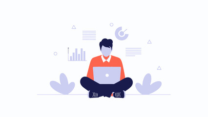 Obraz premium Man with Laptop Working Remotely, Data Analysis, Modern Flat Illustration