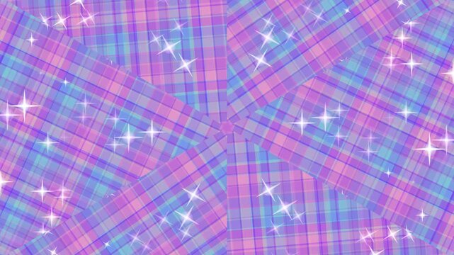 Vibrant plaid pattern with sparkling stars on a colorful background viewed from directly above