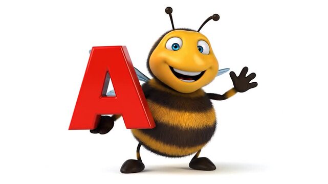 A fun 3D cartoon bee character holding the red letter A.
