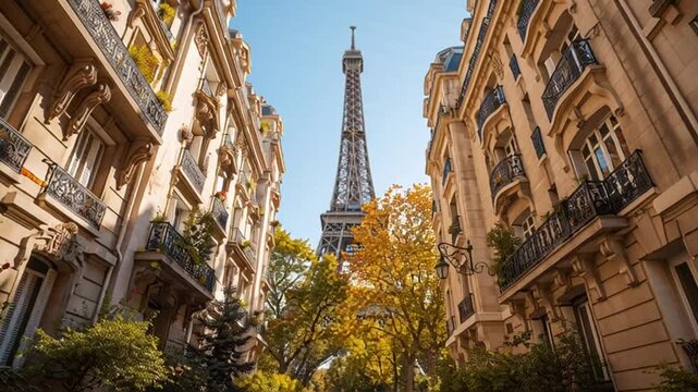View of the Eiffel Tower from a Parisian street with historic buildings and trees.