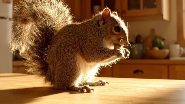 A cute furry grey squirrel sits on a park bench eating a nut surrounded by nature and trees