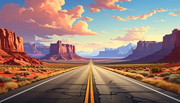 A long, cracked road stretches into the distance, flanked by desert landscape and majestic rock formations under a vibrant sky