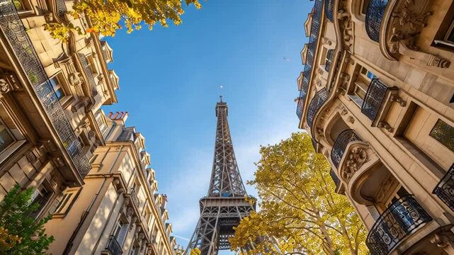 Eiffel Tower in Paris France with autumn trees and historic buildings.
