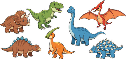 Cute cartoon dinosaur vector illustration set with triceratops, tyrannosaurus, stegosaurus, brachiosaurus and pterodactyl characters for kids, education and prehistoric design © Mst
