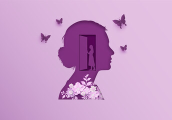 Paper art style vector illustration of a woman profile silhouette with an open door inside her mind and flowers, inner potential concept.