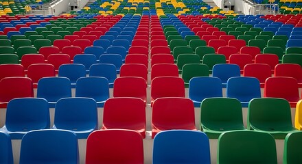 Fototapeta premium Empty stadium seats in rows of red blue and green photos