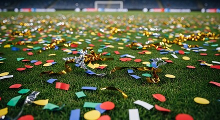 Dynamic stadium celebration photos vibrant confetti scattered on a green football pitch after a joyous event
