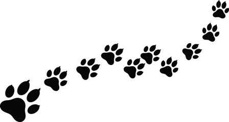 Black dog paw prints trail, animal track silhouettes vector illustration, pet footprint path isolated on white, feline walking route pattern for creative design © Junayid