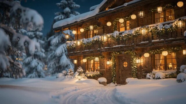 Exterior shot of a snowblanketed inn wrapped in festive garlands and glowing lanterns lanterns in sharp focus with frosted pine branches behind out of focus.