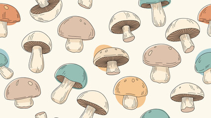 Whimsical seamless pattern of illustrated mushrooms in earthy tones of brown green and tan scattered across a light cream colored background.