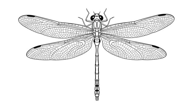 Scientific line art illustration of a dragonfly showing detailed wing vein patterns and body structure in a clear black and white graphic style.