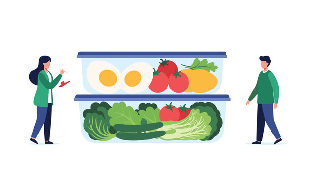 Two people standing next to oversized meal prep containers filled with healthy ingredients like eggs tomatoes lettuce and fresh vegetables.