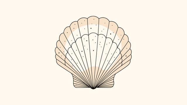 Elegant line art illustration of a single scallop seashell with subtle sandy textures and soft shading on a light cream colored background.