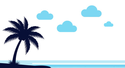 Obraz premium Silhouette of a palm tree on a tropical island beach with blue sky and clouds