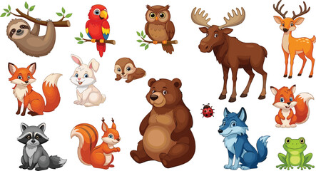 Cute forest animals cartoon vector set with bear, fox, deer, owl, raccoon, squirrel, wolf and woodland wildlife characters for children design