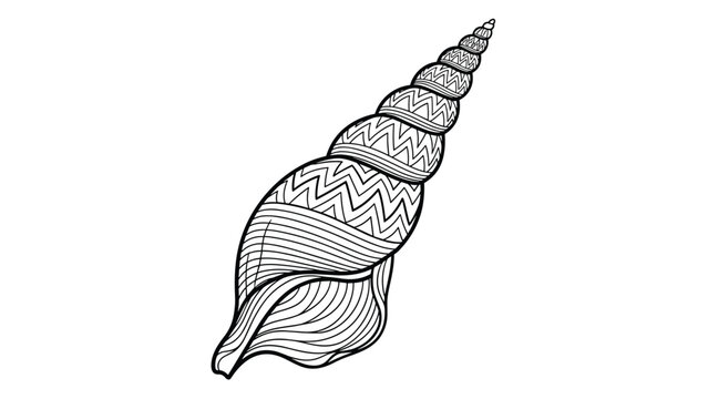 Detailed black and white line drawing of a spiral seashell decorated with various geometric and wavy patterns for coloring.