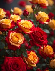 Fototapeta premium Close-up of roses in vibrant hues of yellow, red, and orange. Lush petals and green leaves create a beautiful floral display