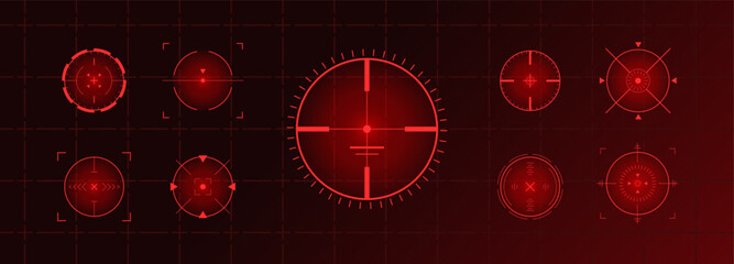 Crosshair Hud red. Sniper rifle viewfinder. Radar location system. Gun shooting range target icons and symbols. Flat Vector illustration.