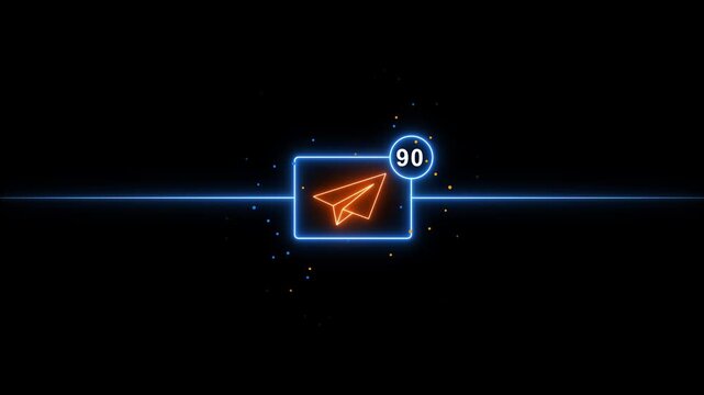 Neon Paper Airplane Notification with 90 Unread Messages on Black Background with Blue Lines and Dots