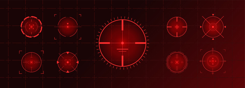 Crosshair Hud red. Sniper rifle viewfinder. Radar location system. Gun shooting range target icons and symbols. Flat Vector illustration.