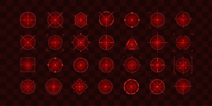 Crosshair Hud red. Weapon UI elements. Goal targeting and telescope viewfinder. Military Vector illustration.