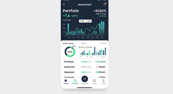 Mobile phone screen displaying investment portfolio app with graphs and statistics on a white background showing financial growth and market analysis