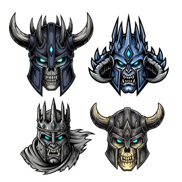 Collection of Four Undead Warrior Illustrations Featuring Horned Helmets, Spiked Crowns, and Glowing Blue Eyes