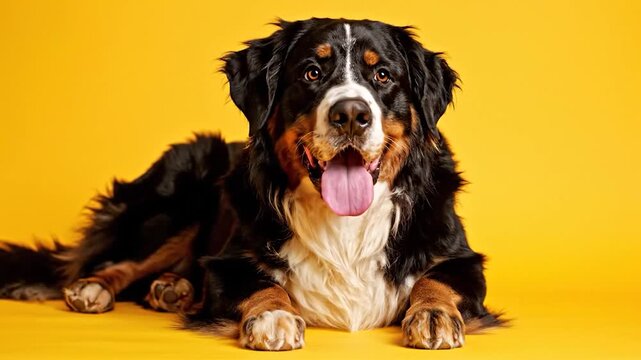 A beautiful Bernese Mountain Dog lies down on a yellow background
