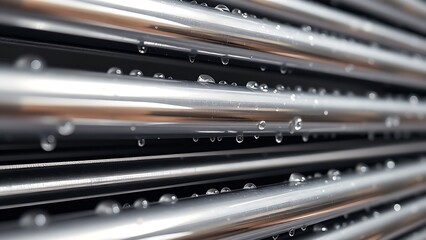 evaporator. Close-up of shiny stainless steel coils with tiny water droplets. safety posters, maintenance manuals, designed for industrial assembly lines and welding operations.