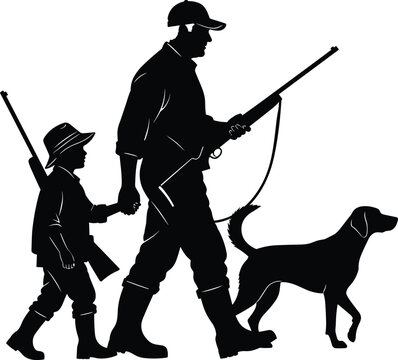 Black silhouette of father and son hunters walking with shotguns and hunting dog isolated on white background, outdoor sports and family bonding vector