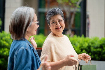 Fototapeta premium Two happy Asian senior women walking outdoors with shopping bags. 