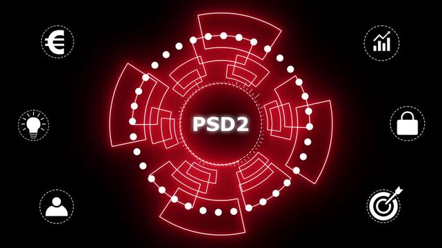 PSD2 Business, technology, Internet and network concept. glowing animation on black background. 4k motion graphics video.