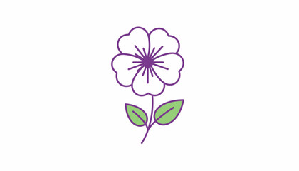 Simple Outline Flower with Purple Center and Green Leaves on White Background
