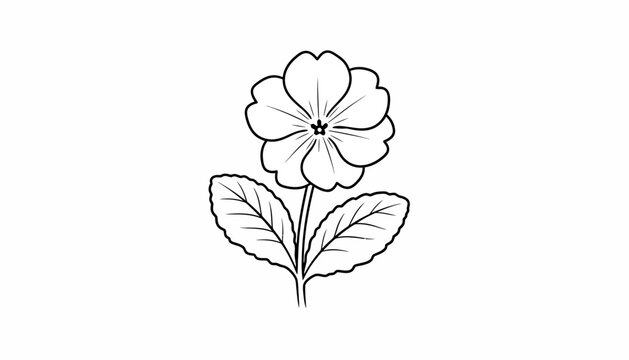 Simple Black and White Line Drawing of a Primrose Flower with Leaves