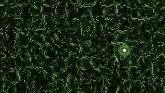 A close-up view of intricate green patterns with a glowing light in a mysterious environment from a top viewpoint