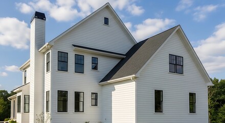Obraz premium Beautiful white house with chimney and gable roof under blue sky